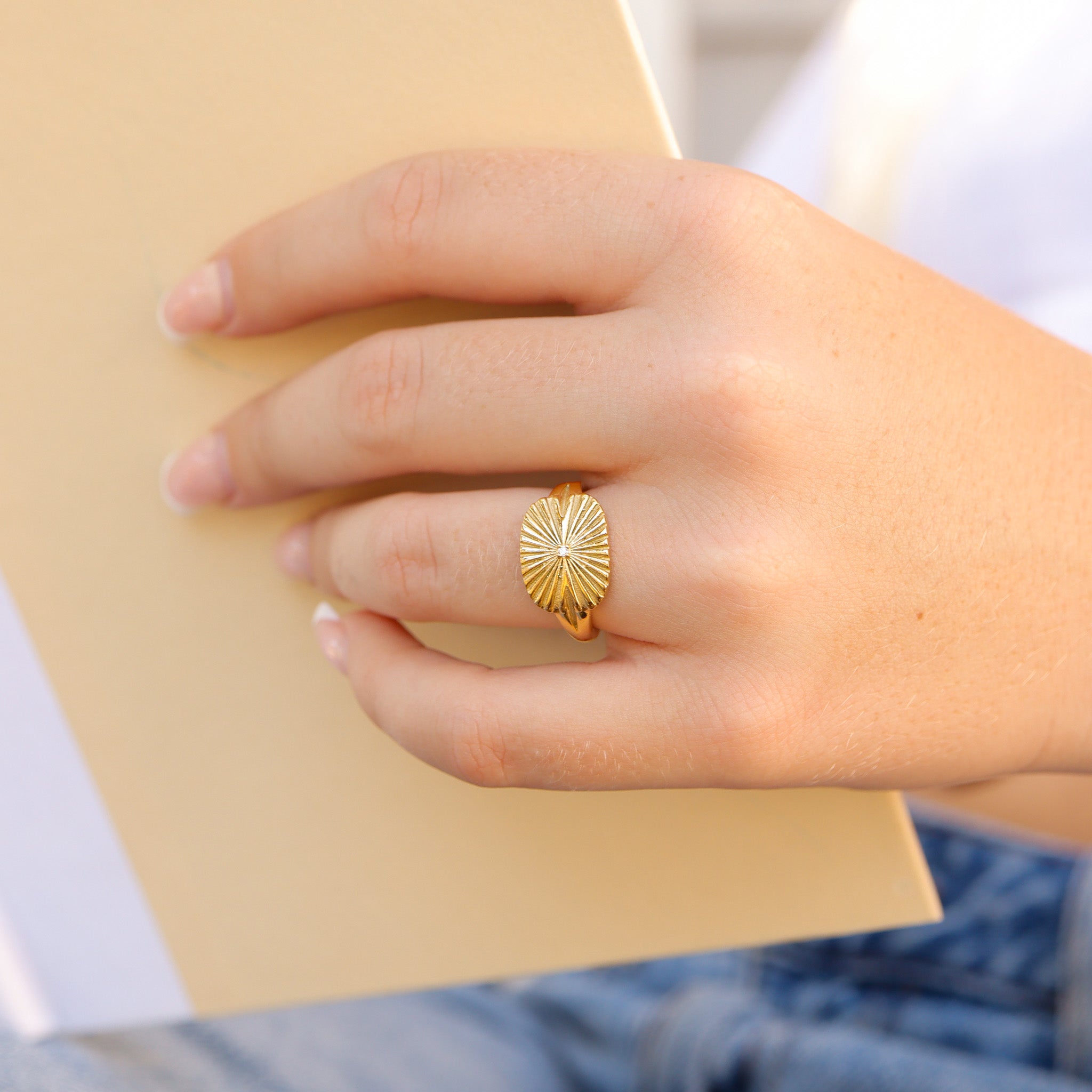 18K Gold PVD Stainless Steel Cubic Zirconia Sunburst Rectangle Ring
