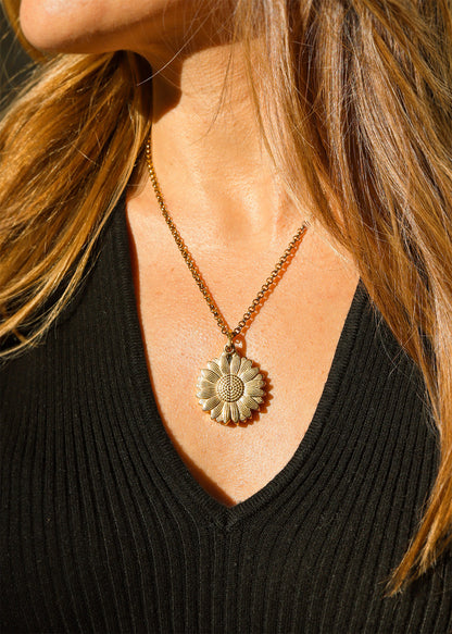 18K Gold PVD Stainless Steel Sunflower Hidden Message Necklace