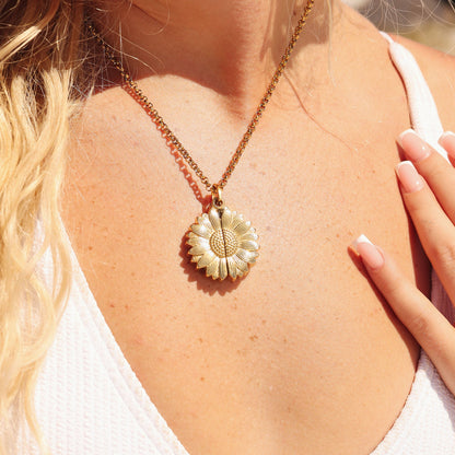 18K Gold PVD Stainless Steel Sunflower Hidden Message Necklace