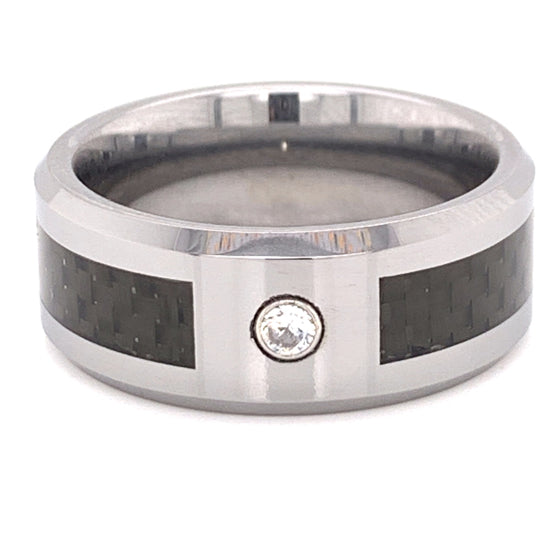 Black Fiber Center With Clear CZ Stone Tungsten Comfort Fit Ring