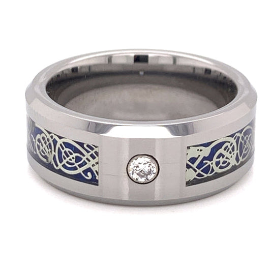 Blue Decorative Center With Clear CZ Stone Tungsten Comfort Fit Ring