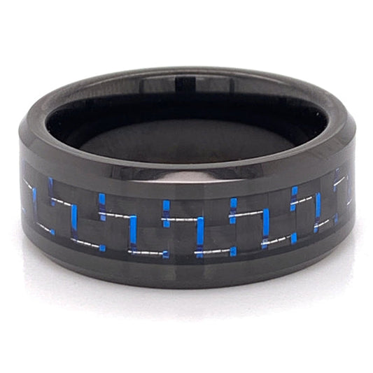 Black With Blue Accents Tungsten Comfort Fit Ring
