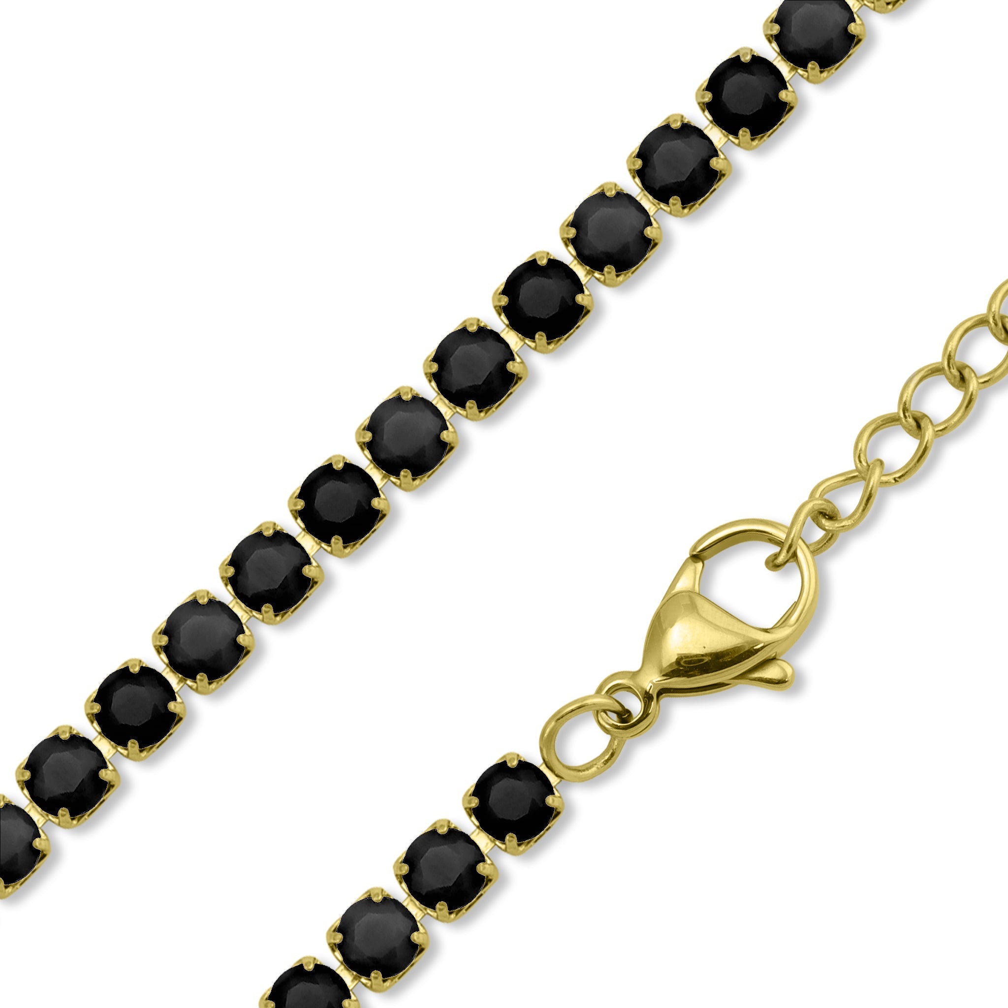 18K Gold PVD Stainless Steel Jet Rhinestone Tennis Chain Necklace With 2" Extension