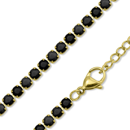 18K Gold PVD Stainless Steel Jet Rhinestone Tennis Chain Necklace With 2" Extension