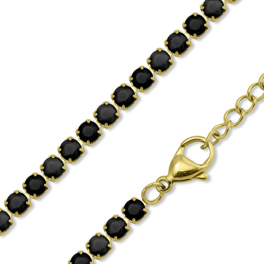18K Gold PVD Stainless Steel Jet Rhinestone Tennis Chain Necklace With 2" Extension