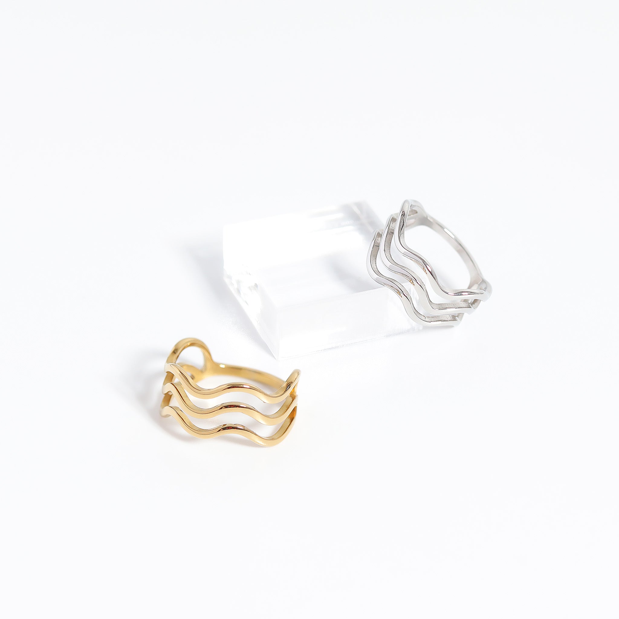 18K Gold PVD Stainless Steel Triple Wave Geometric Ring