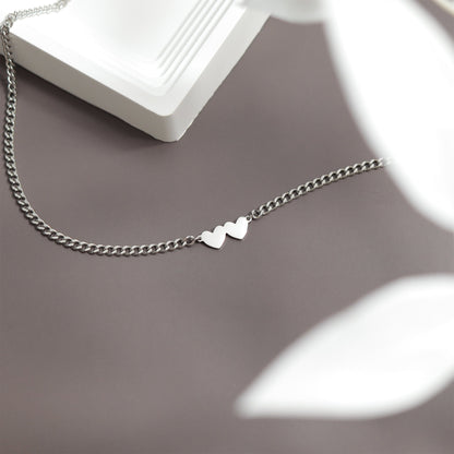 18K Gold PVD Stainless Steel Engravable 2 Hearts on Curb Chain Necklace