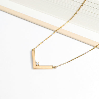 18K PVD Stainless Steel CZ V-Shaped Blank Pendant Necklace