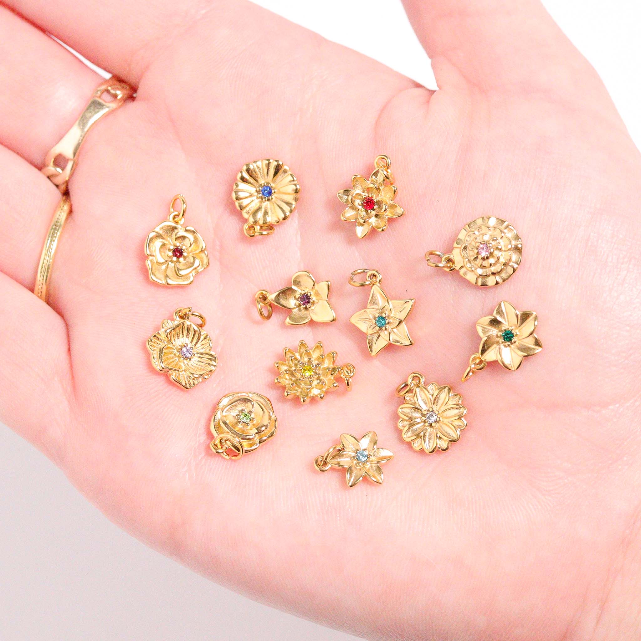 18K Gold PVD Stainless Steel Vertical 3D Birth Flower Charm