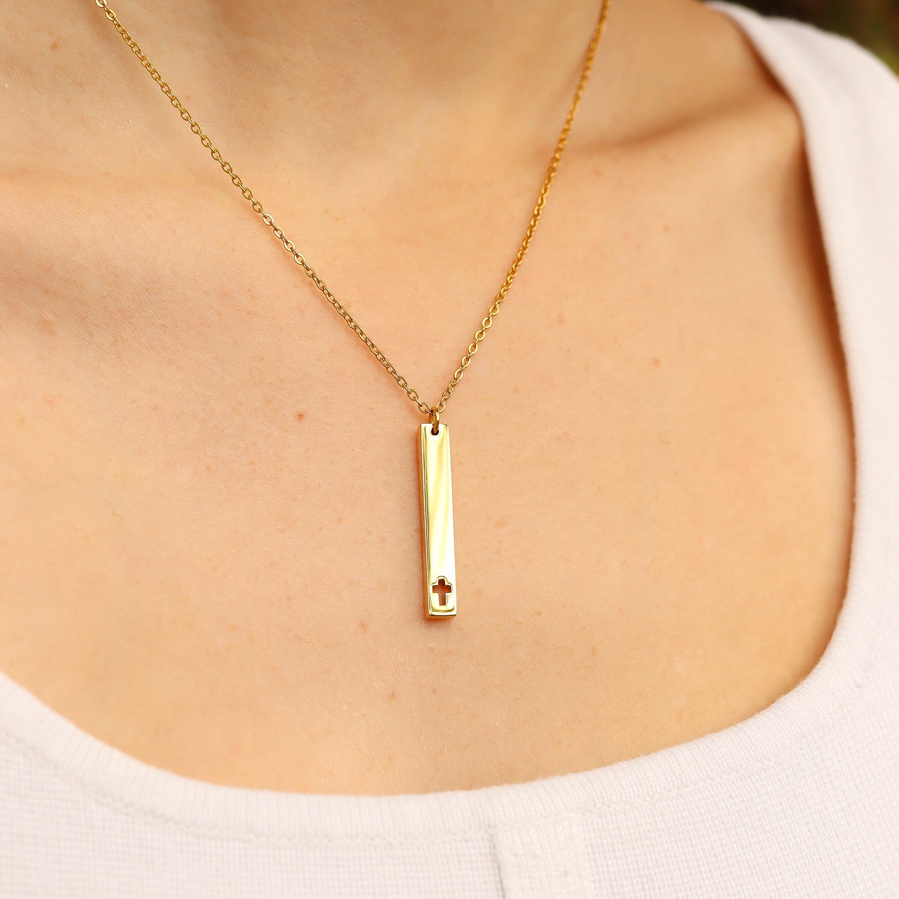 18K Gold PVD Stainless Steel Cross Cutout Vertical Bar Necklace
