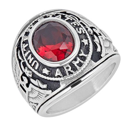 Stainless Steel United States Army Red Center Stone Ring