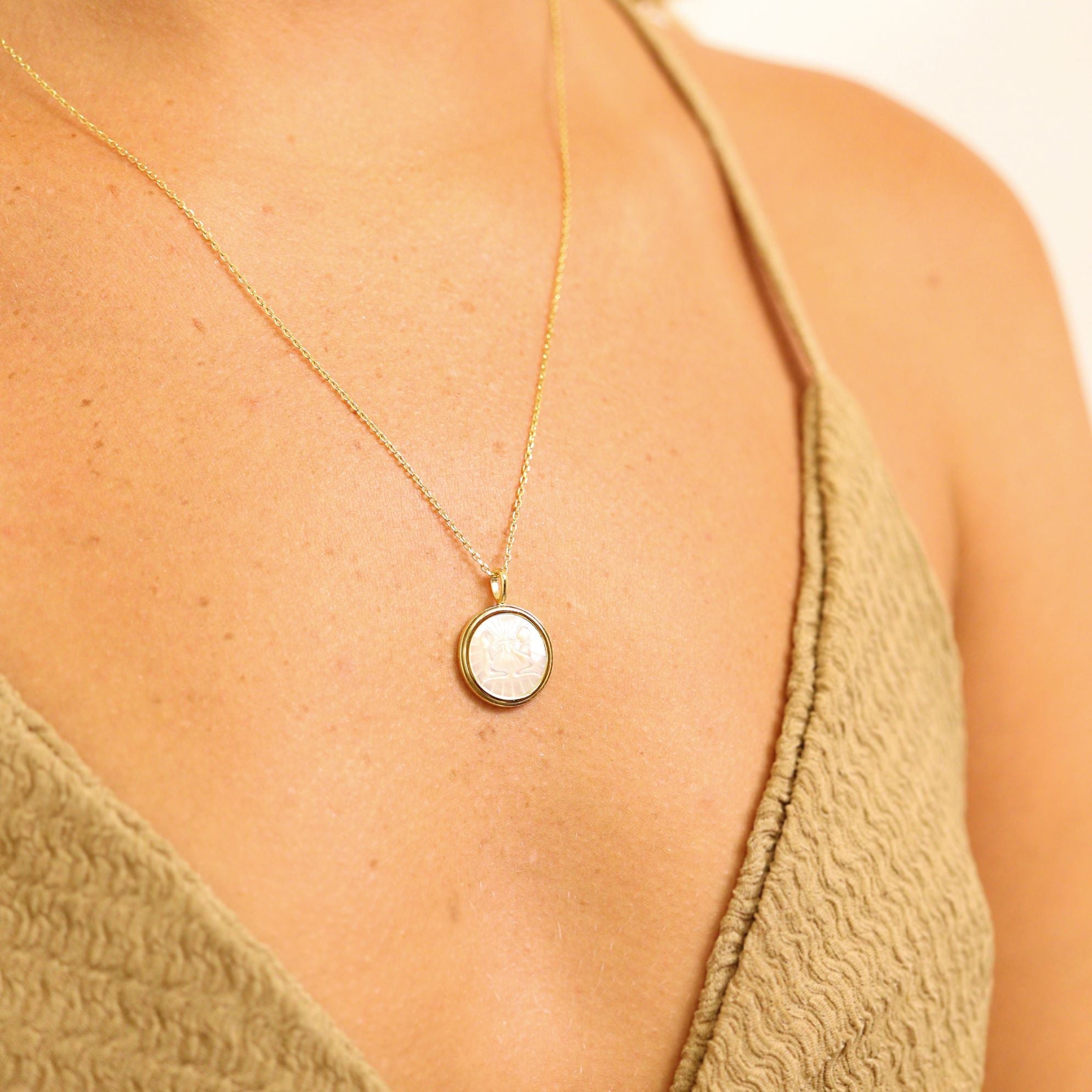 14K Gold Plated Sterling Silver Mother of Pearl Zodiac Pendant Necklace