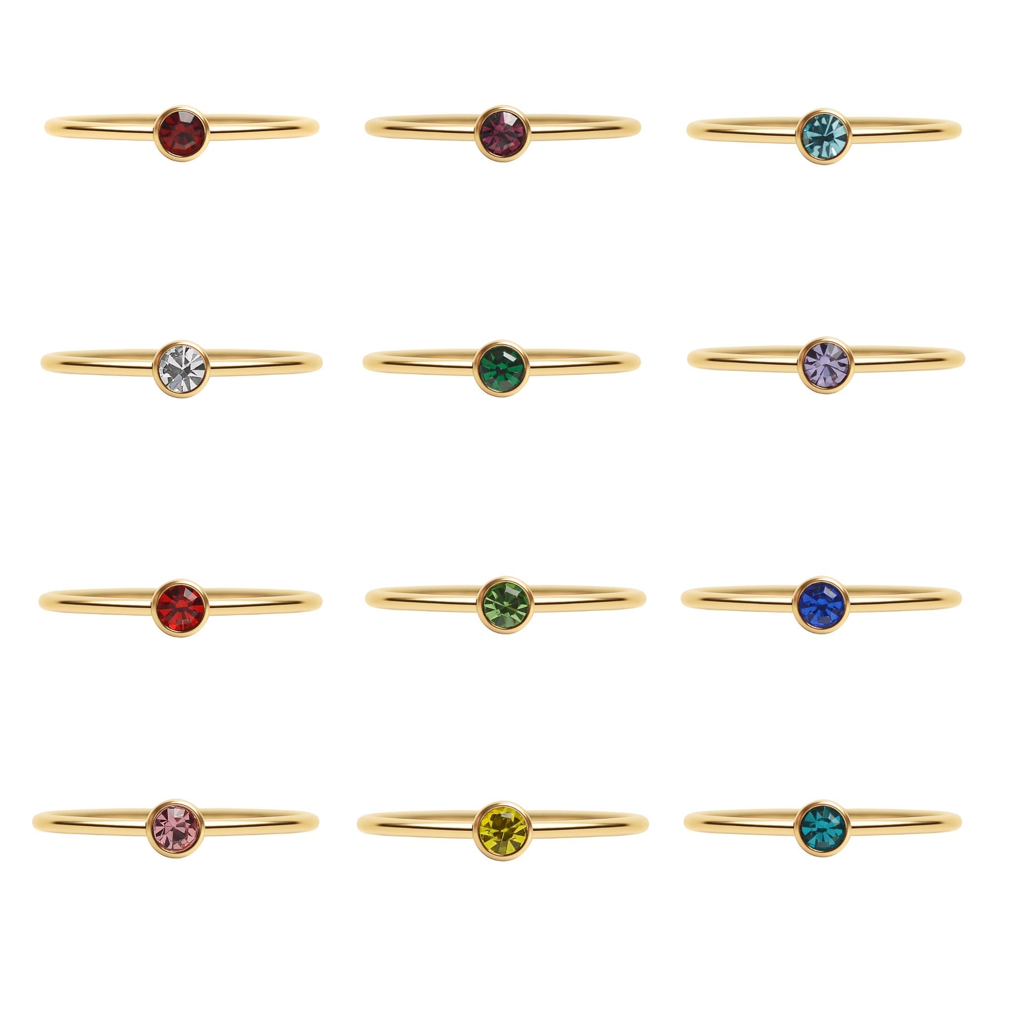 76 pc 18K Gold PVD Coated Stainless Steel Birthstone Stacking Ring Set & Display