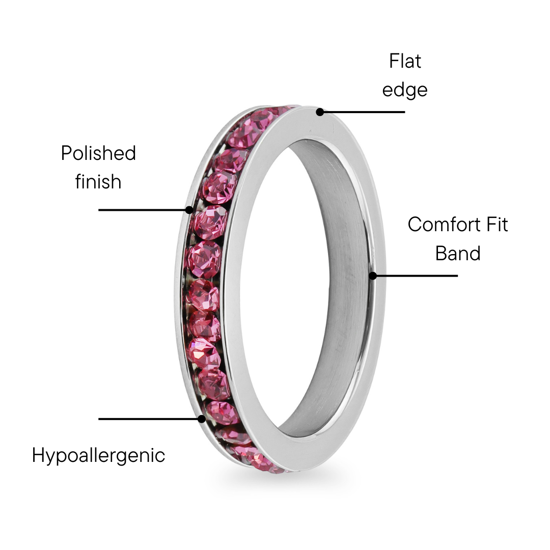 Pink CZ Center Highly Polished Stainless Steel Flat Ring